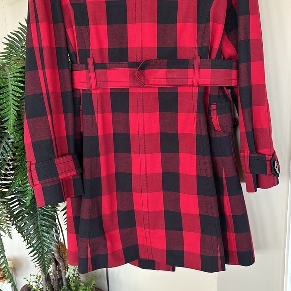 Jessica Simpson Buffalo Plaid Red Black Belted Coat Long Christmas Trench Jacket - Picture 8 of 15
